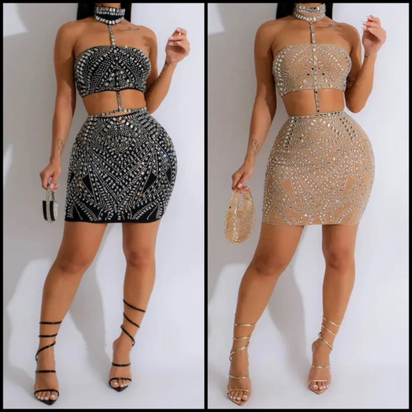 Women Sexy Choker Sleeveless Bling Mesh Two Piece Skirt Set