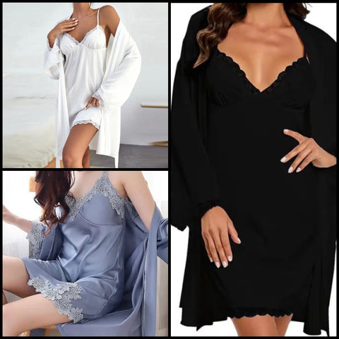 Women Sexy Lace Sleeveless Satin Nightgown Robe Lingerie Set