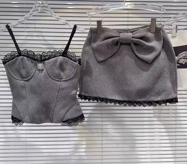 Women Sexy Sleeveless Lace Tweed Bow Two Piece Skirt Set