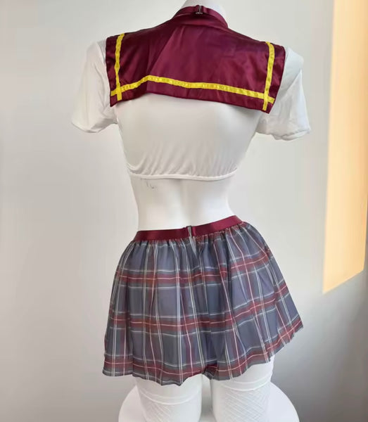 Women Sexy Tie Short Sleeve Plaid Lingerie Set