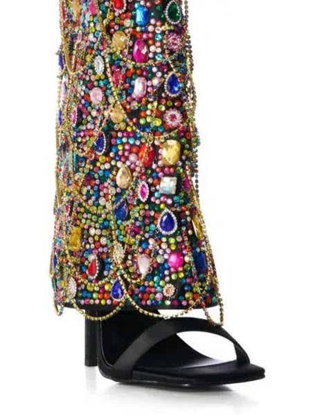 Women Open Toe Colorful Crystal Chain High Heel Boots