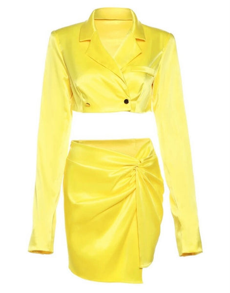 Women Sexy Full Sleeve Button Up Satin Two Piece Skirt Set