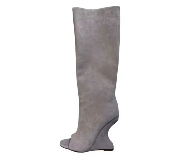 Women Color Open Toe Suede Wedge Knee High Boots