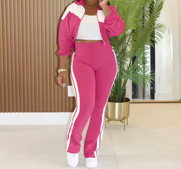 Women Color Patchwork Zip Up Tracksuit Two Piece Pant Set