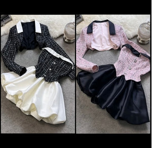 Women Contrast Stitching Tweed Sexy Two Piece Dress