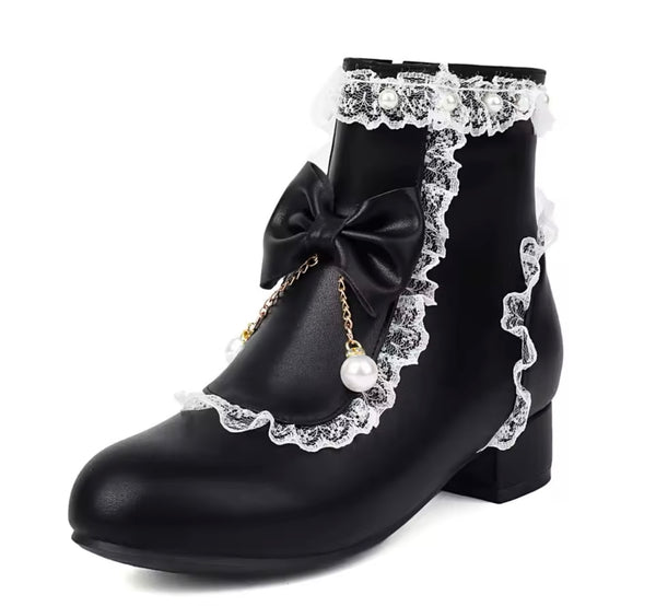 Women Fashion Pearl Color Patchwork Ruffled Bow Flat Ankle Boots