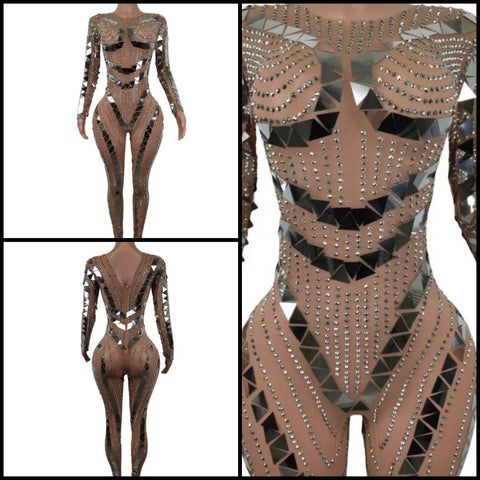 Women Sexy Full Sleeve Mirror Rivet Mesh Jumpsuit