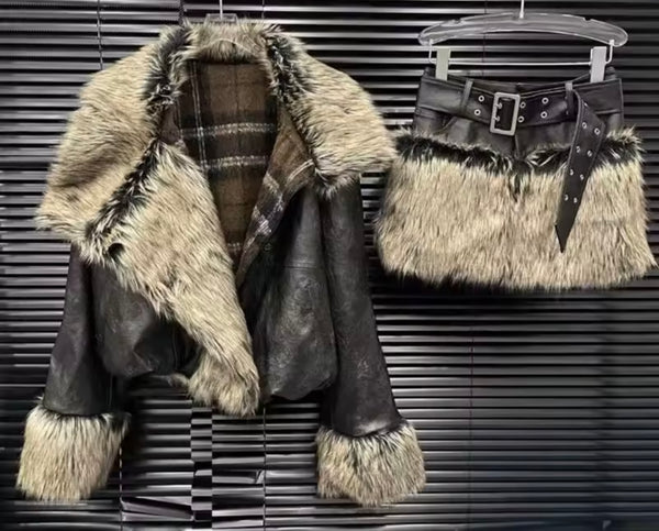 Women Faux Leather Reversible Plaid Fur Two Piece Skirt Set