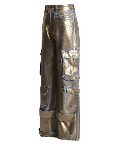 Women Metallic Cargo Fashion Denim Pants