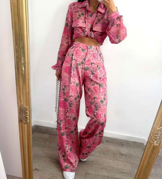 Women Fashion Pink Floral Print Full Sleeve Two Piece Pant Set
