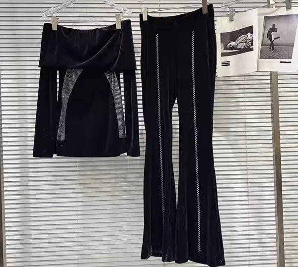 Women Black Bling Off The Shoulder Velour Two Piece Pant Set