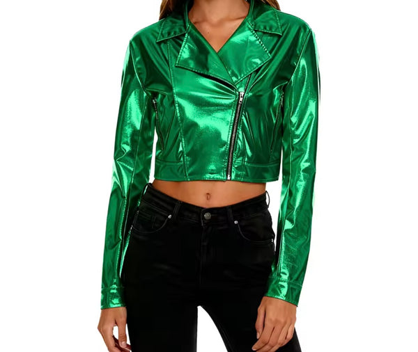 Women Fashion Color Zip Up Metallic PU Jacket