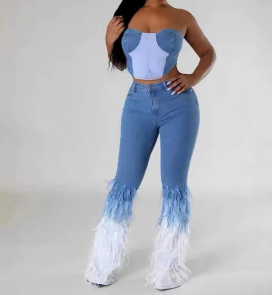 Women Sexy Strapless Denim Two Piece Feather Pant Set