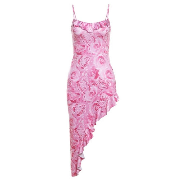 Women Sexy Sleeveless Pink Floral Ruffled Dress