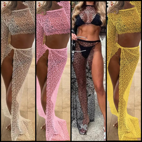 Women Sexy See Through Lace Full Sleeve Two Piece Beachwear Cover Up