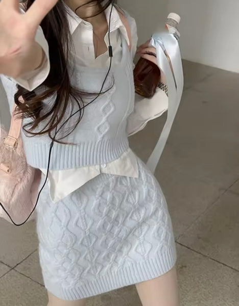 Women Fashion Full Sleeve Knitted Three Piece Skirt Set