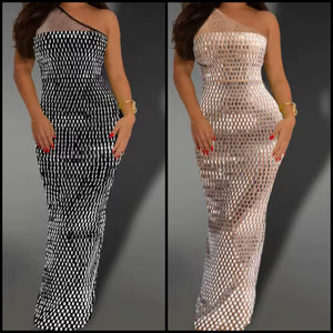 Women Sexy One Shoulder Sleeveless Bling Rivet Maxi Dress