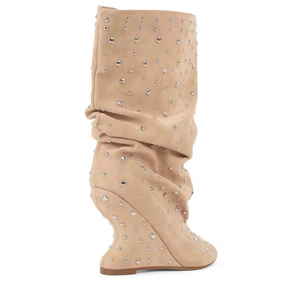 Women Fashion Open Toe Rivet Wedge Ruched Knee High Boots
