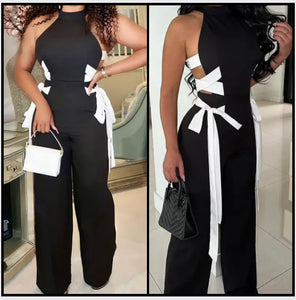 Women Black Sleeveless Sexy Side Tie Up Jumpsuit