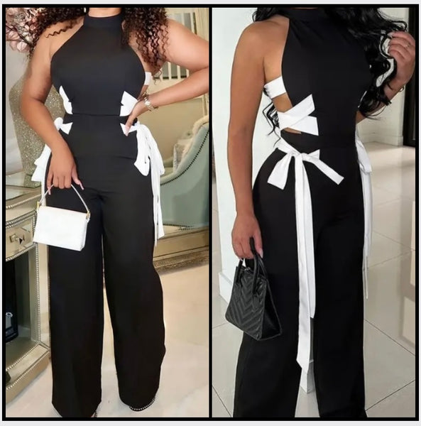 Women Black Sleeveless Sexy Side Tie Up Jumpsuit