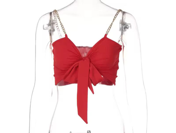 Women Red Chain Sleeveless Tie Up Fashion Crop Top