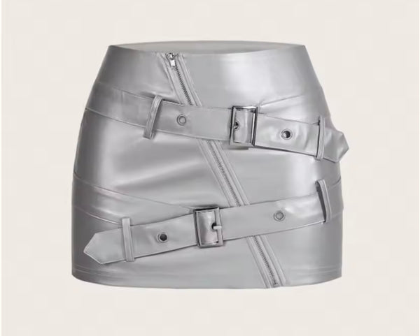 Women Sexy Fashion Faux Leather Zipper Buckled Skirt