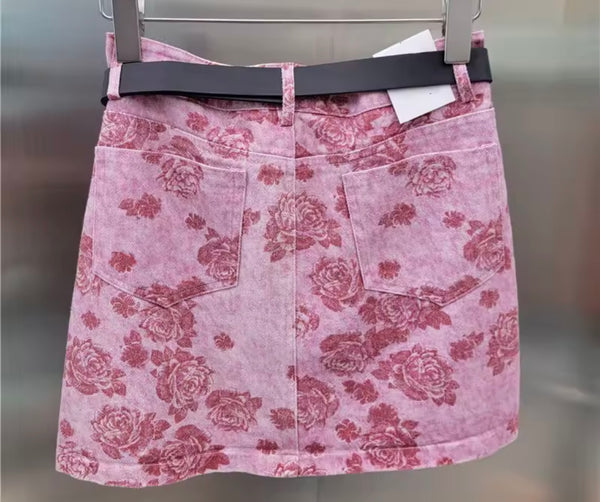 Women Fashion Color Patchwork Floral Denim Skirt