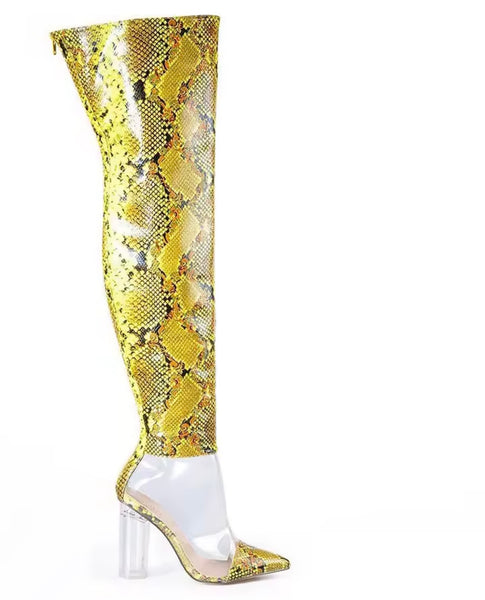 Women Fashion Yellow Animal Print Transparent Knee High Boots