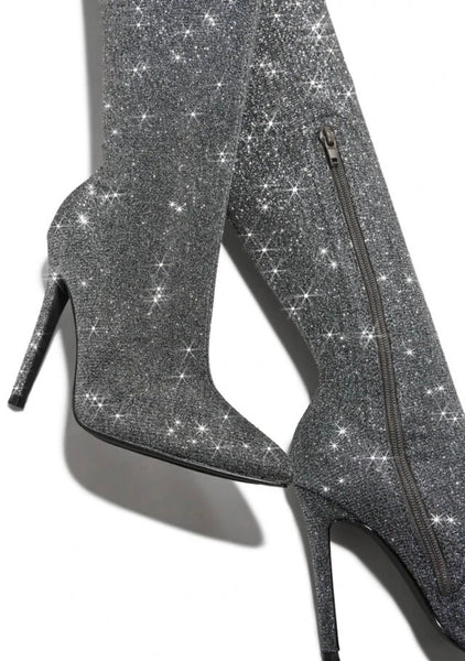 Women Pointed Toe Gray Bling Over The Knee Fashion Boots