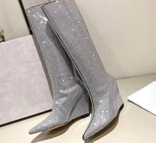 Women Fashion Bling Wedge Knee High Boots