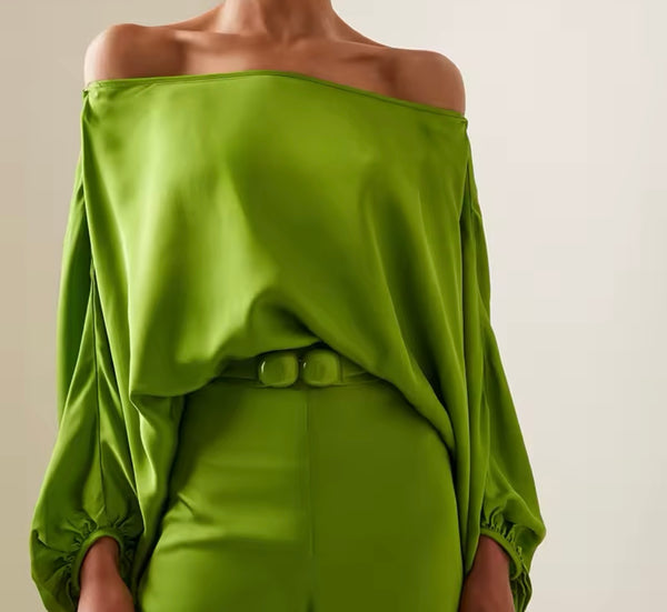 Women Fashion Green Off The Shoulder Two Piece Pant Set