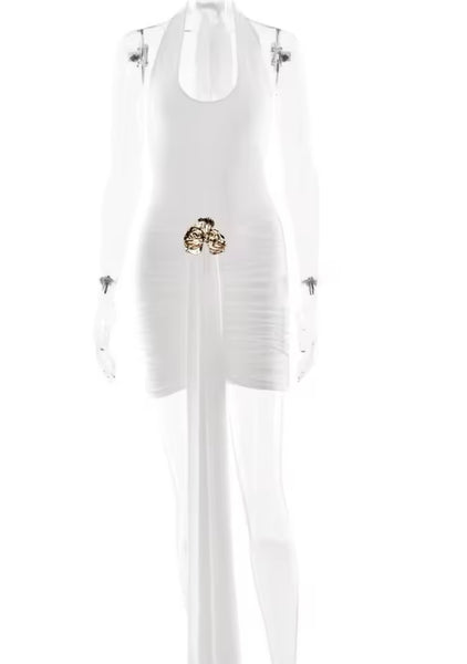 Women Sexy Halter Sleeveless Gold Pin Tassel Ruched Dress