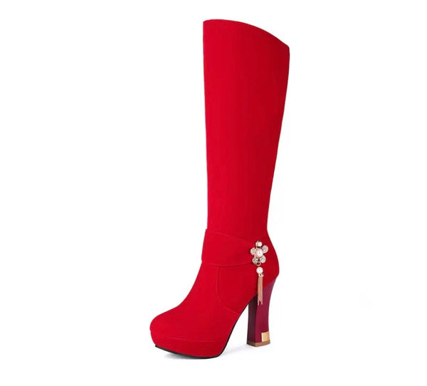 Women Fashion Color Suede Bling Tassel Knee High Boots