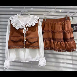 Women Brown Ruffled Sexy Three Piece Skirt Set
