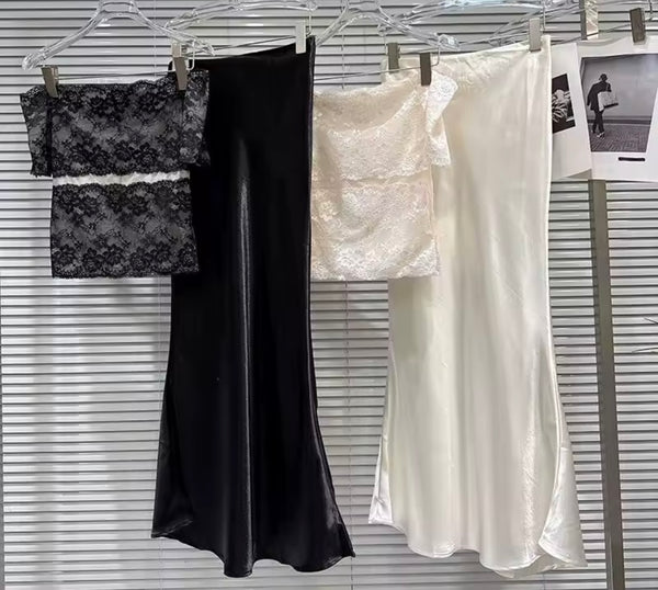 Women Lace Off The Shoulder Two Piece Satin Maxi Skirt Set