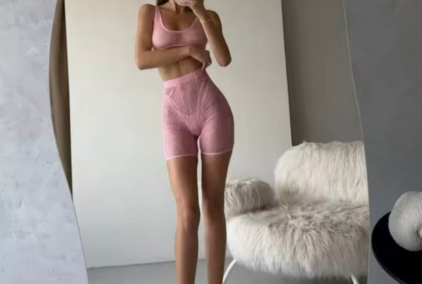 Women Pink Sleeveless Sexy Lace Three Piece Lingerie Set