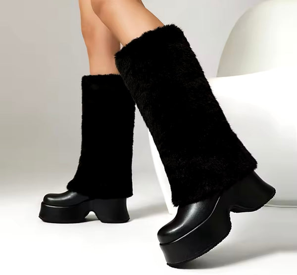 Women Color Fashion Furry Faux Leather Platform Knee High Boots