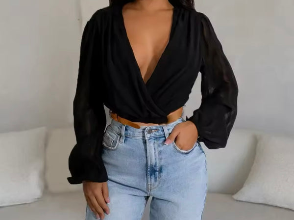 Women Belted Fashion Full Sleeve Crop Top