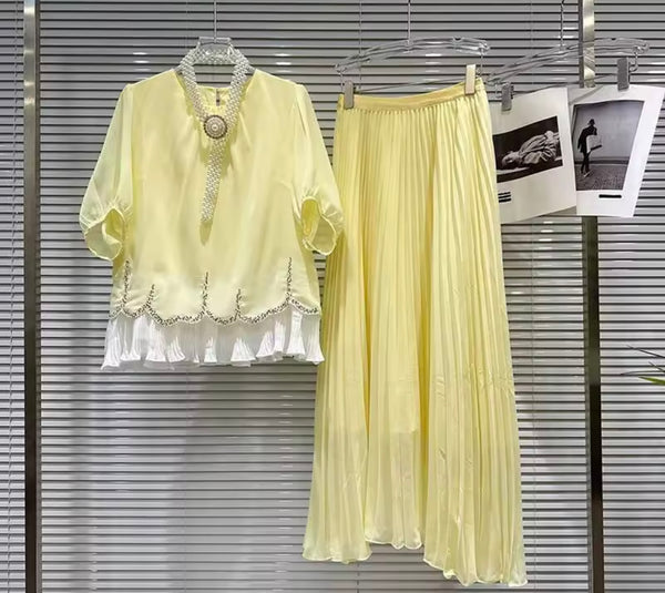 Women Short Sleeve Pearl Belted Two Piece Pleated Maxi Skirt Set