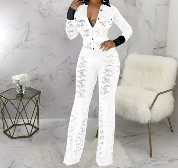 Women Sexy B&W Collar Lace Full Sleeve Jumpsuit