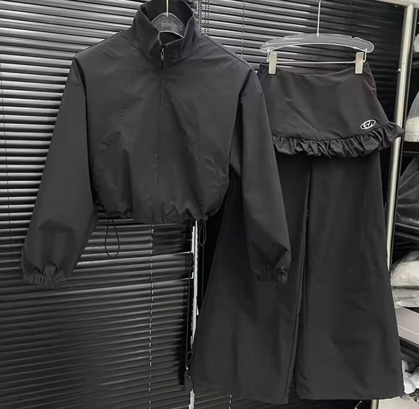 Women Fashion Zip Up Jacket Two Piece Ruffled Wrap Pant Set