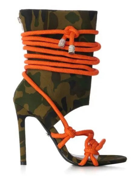 Women Fashion Open Toe Lace Up Camouflage Ankle Boots