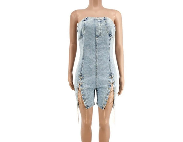 Women Sexy Strapless Chain Lace Up Denim Romper