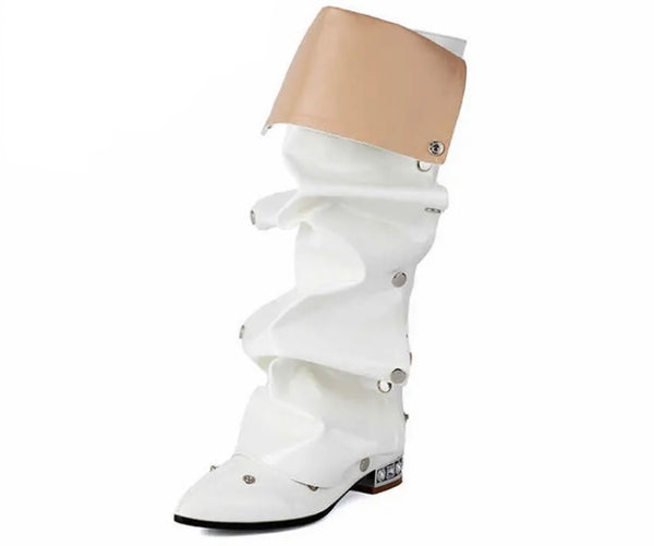Women Fashion Pointed Toe Patent Leather Button Flat Boots