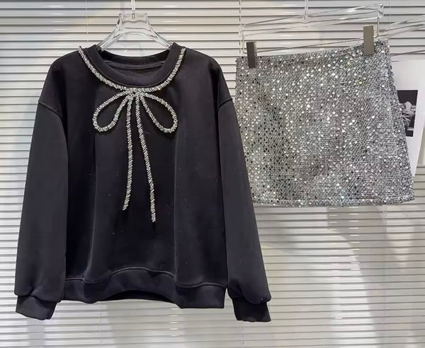 Women Fashion Bling Bow Full Sleeve Two Piece Sequins Skirt Set