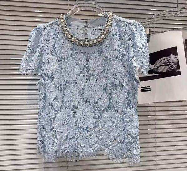 Women Fashion Pearl Rhinestone Lace Short Sleeve Top