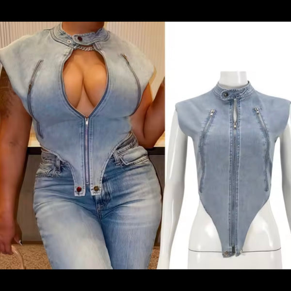 Women Zip Up Sleeveless Denim Top