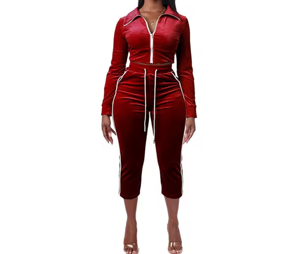 Women Velour Striped Zip Up Two Piece Capri Pant Set