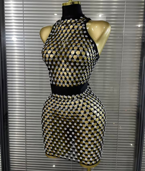 Women Sleeveless Open Back Rhinestone See Through Dress