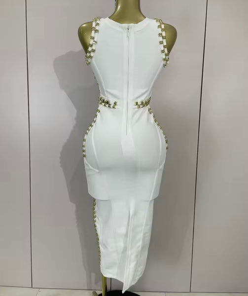 Women White Sleeveless Gold Metal Sexy Maxi Dress